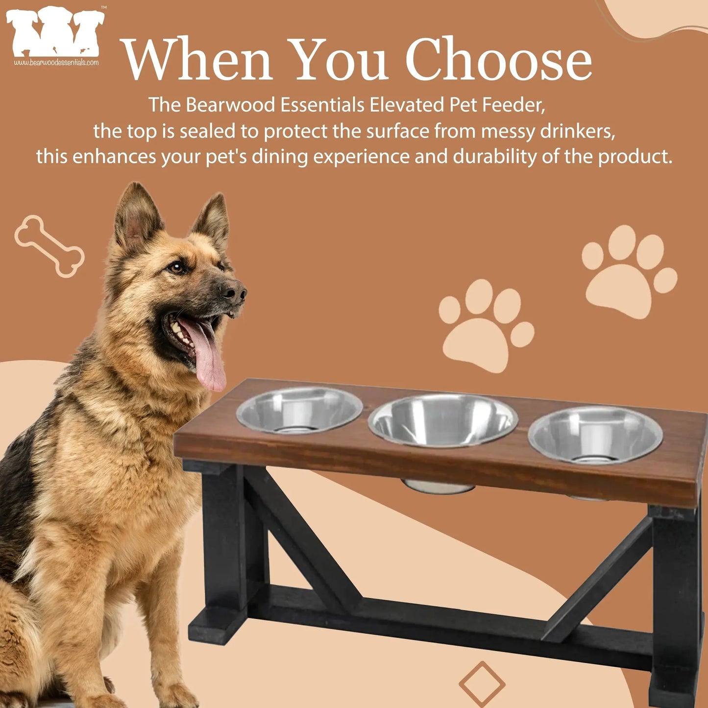 Farmhouse 3-Bowl Elevated Dog Feeder Ebony Small, Black Base